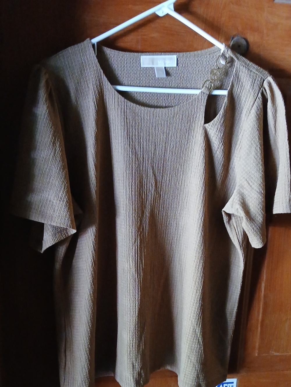 Michael Kors Textured Tan Short Sleeve Scoop Neck Top with Button Detail